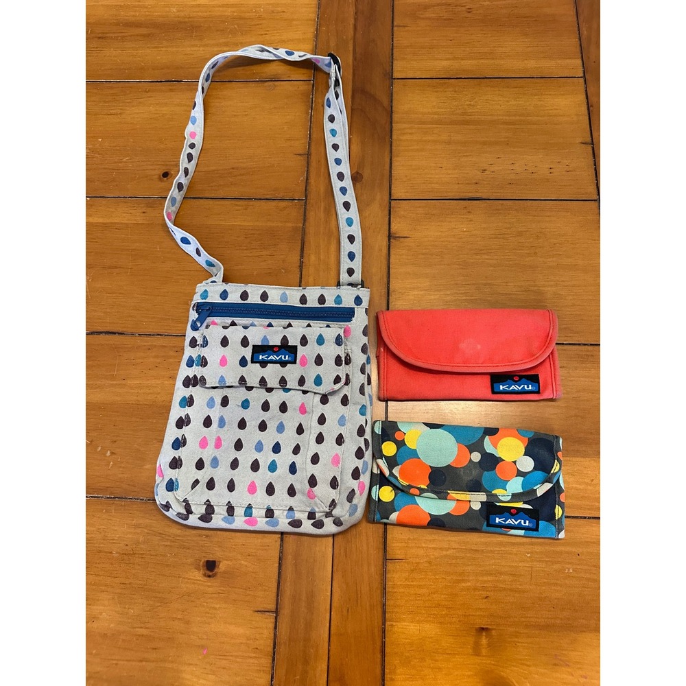 Kavu Canvas Crossbody Bag and Trifold Wallet Bundle Set 3 Piece Multi Color